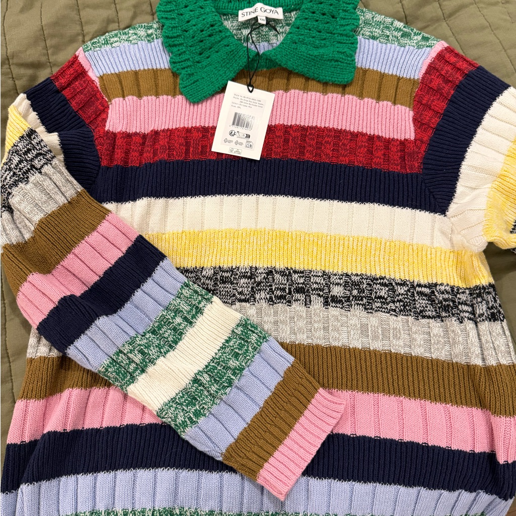 Stine Goya Green Collar Multicolor Striped Knit Sweater